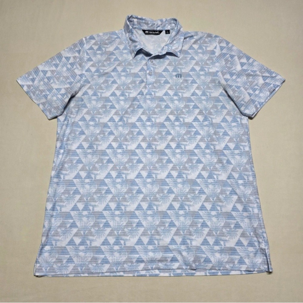 Travis Mathew Men XL Blue Geometric Palm Tree Golf Polo Shirt Pullover Reg Fit